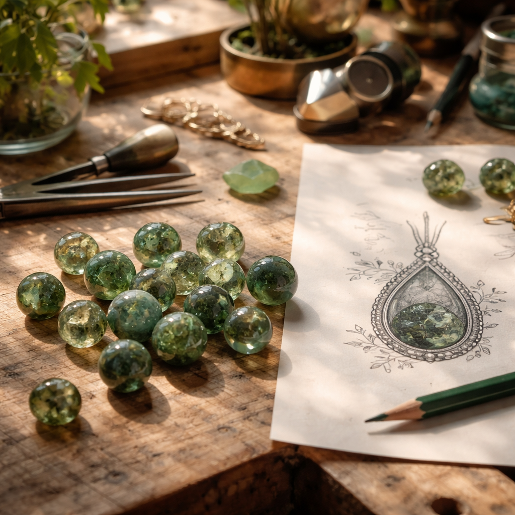 A photorealistic close‑up of a jeweller’s workbench in a sunlit London studio, showing a handful of moss agate beads beside a sketch of a pendant design, with soft natural light highlighting the green inclusions and creating a calm, earthy atmosphere. Alt: Moss agate beads on a craft table illustrating their metaphysical properties.