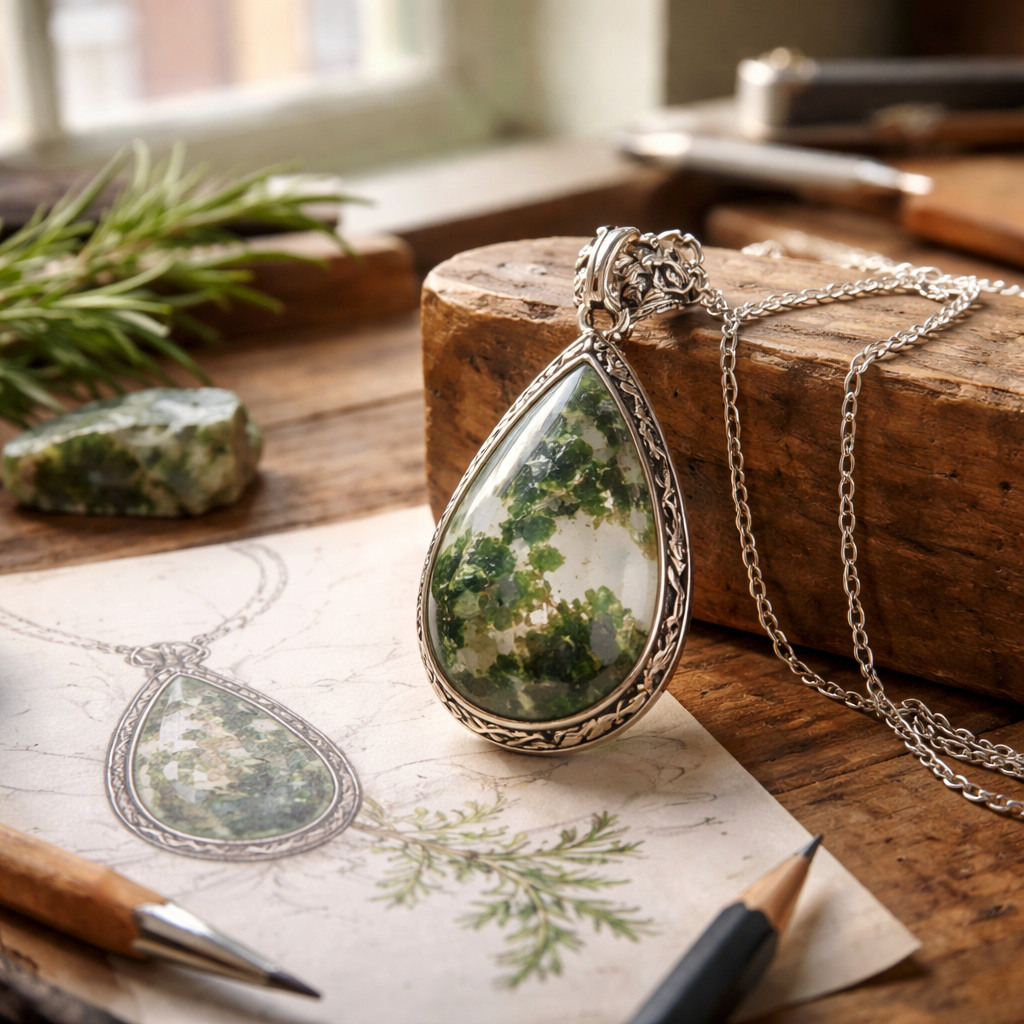 A photorealistic close-up of a moss agate pendant draped over a wooden jewellery workbench, with soft natural light from a UK studio window, a sprig of rosemary nearby, and a sketch of a necklace design, highlighting the stone's grounding energy. Alt: Moss agate metaphysical properties in jewellery making.