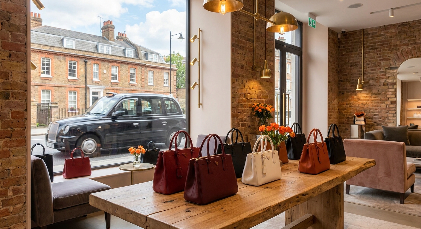 A bright, editorial-style photograph of a curated display of luxury designer handbags in various colours and styles arranged on a natural wood surface inside a boutique setting with warm ambient lighting. Alt: authenticated pre-owned designer bags curated at CSD London boutique.