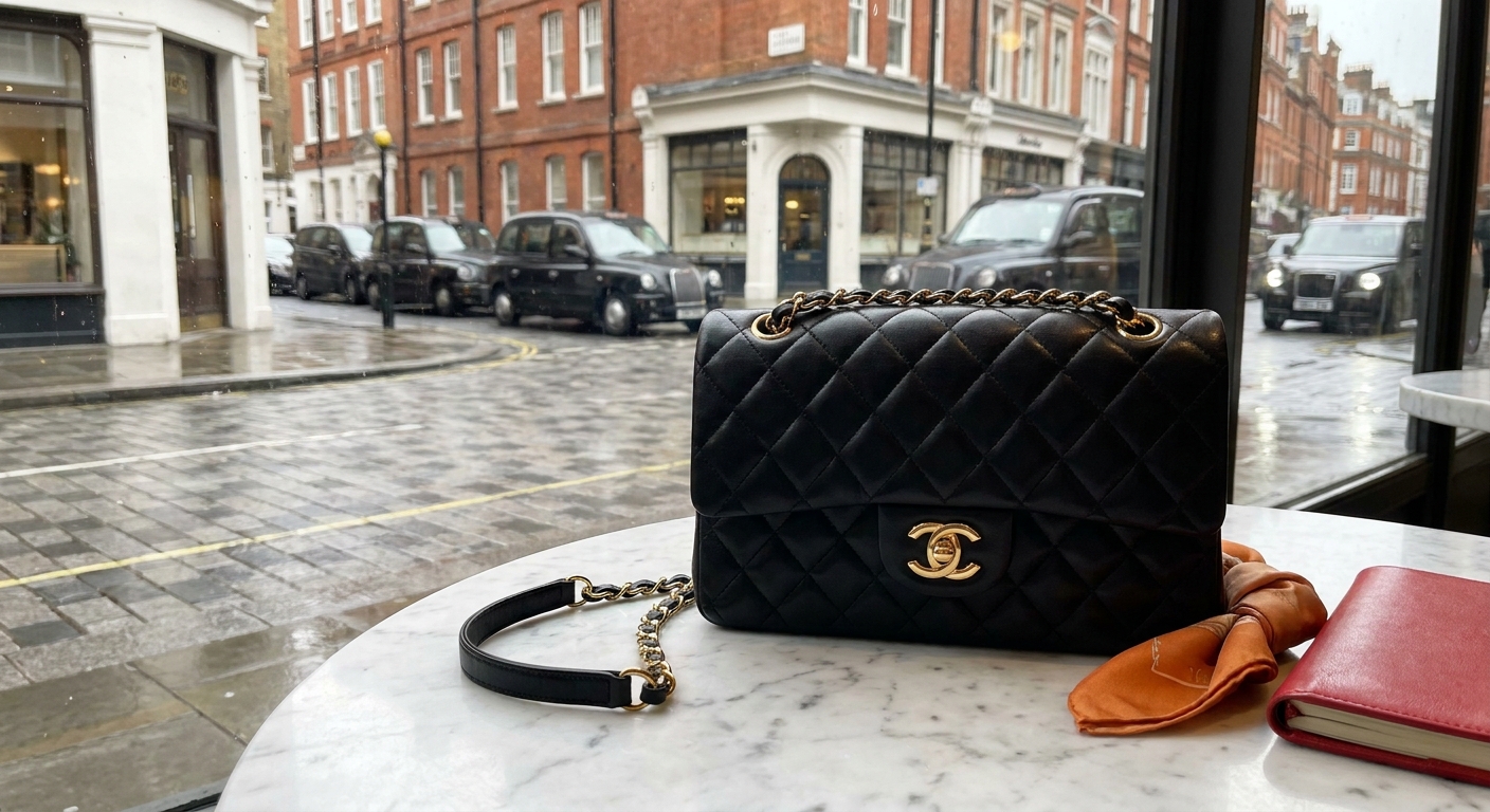 A photorealistic close-up of a quilted leather Chanel Classic Flap bag with gold chain strap resting on a marble surface near soft natural window light, showcasing the signature CC turn-lock clasp in fine detail. Alt: Chanel Classic Flap bag with gold hardware on marble surface.