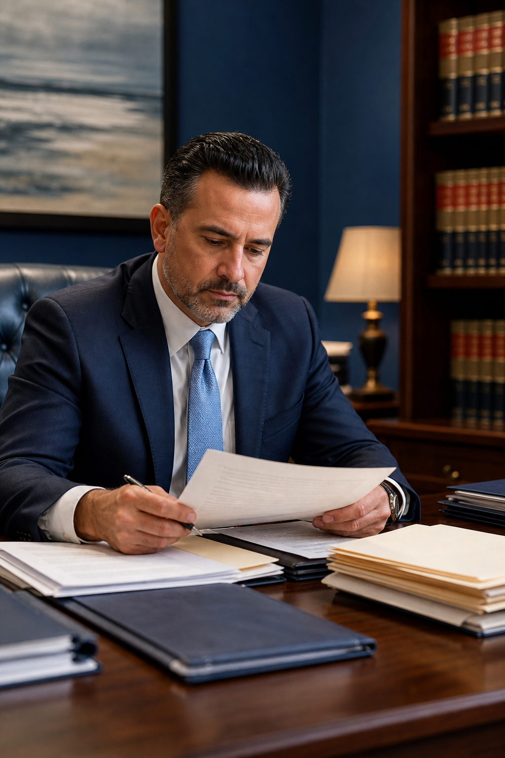 A confident Tampa personal injury attorney at his desk reviewing motorcycle accident case files, law books and case folders visible, warm office lighting with deep navy blue tones. Alt: Tampa motorcycle accident attorney reviewing case files at law firm office.