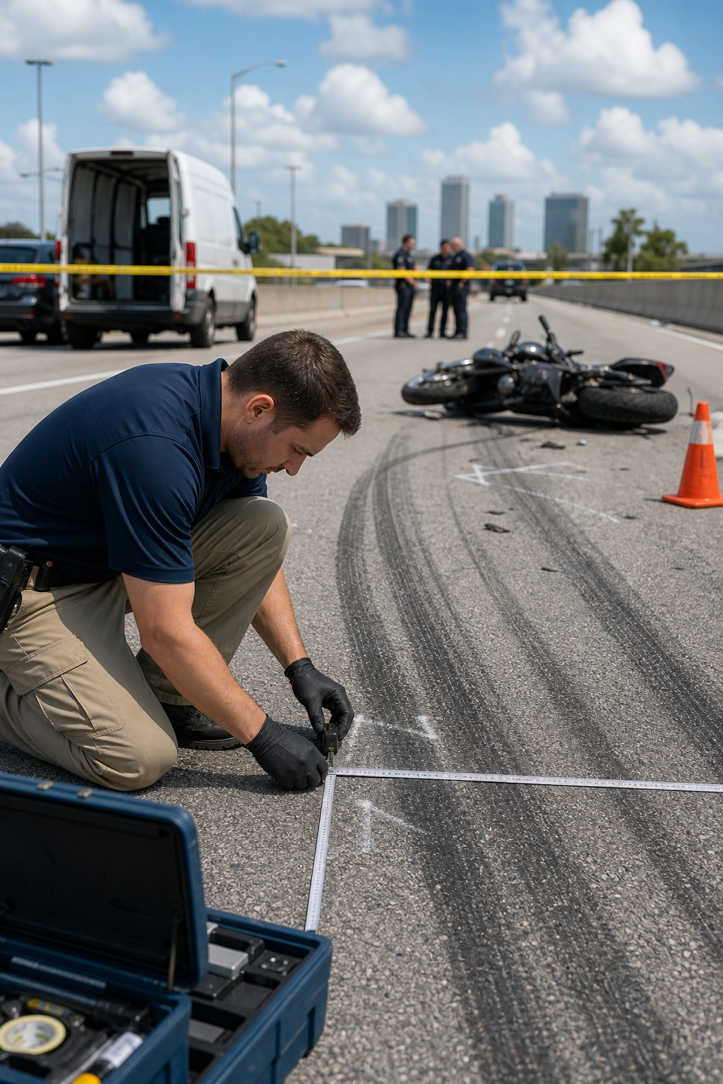 A forensic accident reconstruction specialist examining skid marks and tire tracks on a Tampa highway after a motorcycle collision, realistic scene with investigation equipment and police tape in the background. Alt: Accident reconstruction specialist examining motorcycle crash evidence on Tampa road.