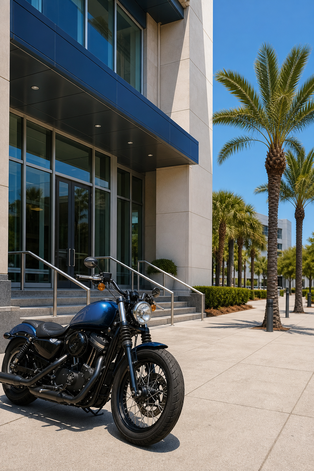 A realistic photo of a motorcycle parked outside a law firm office building in Tampa, Florida, with the firm's entrance visible and palm trees lining the sidewalk under a clear blue sky. Alt: motorcycle accident lawyer Tampa Florida law firm exterior.
