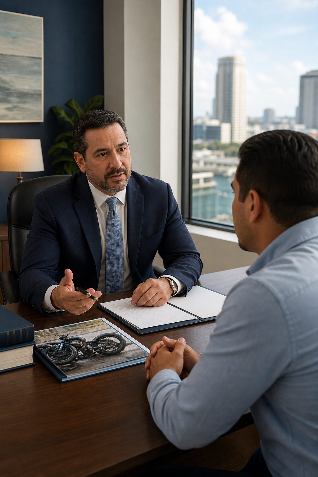 A professional bilingual attorney in a modern Tampa law office consulting with a Spanish-speaking motorcycle accident client across a desk, legal documents visible, warm office lighting with a city view in the background. Alt: bilingual Spanish-English motorcycle accident attorney Tampa Florida client consultation.