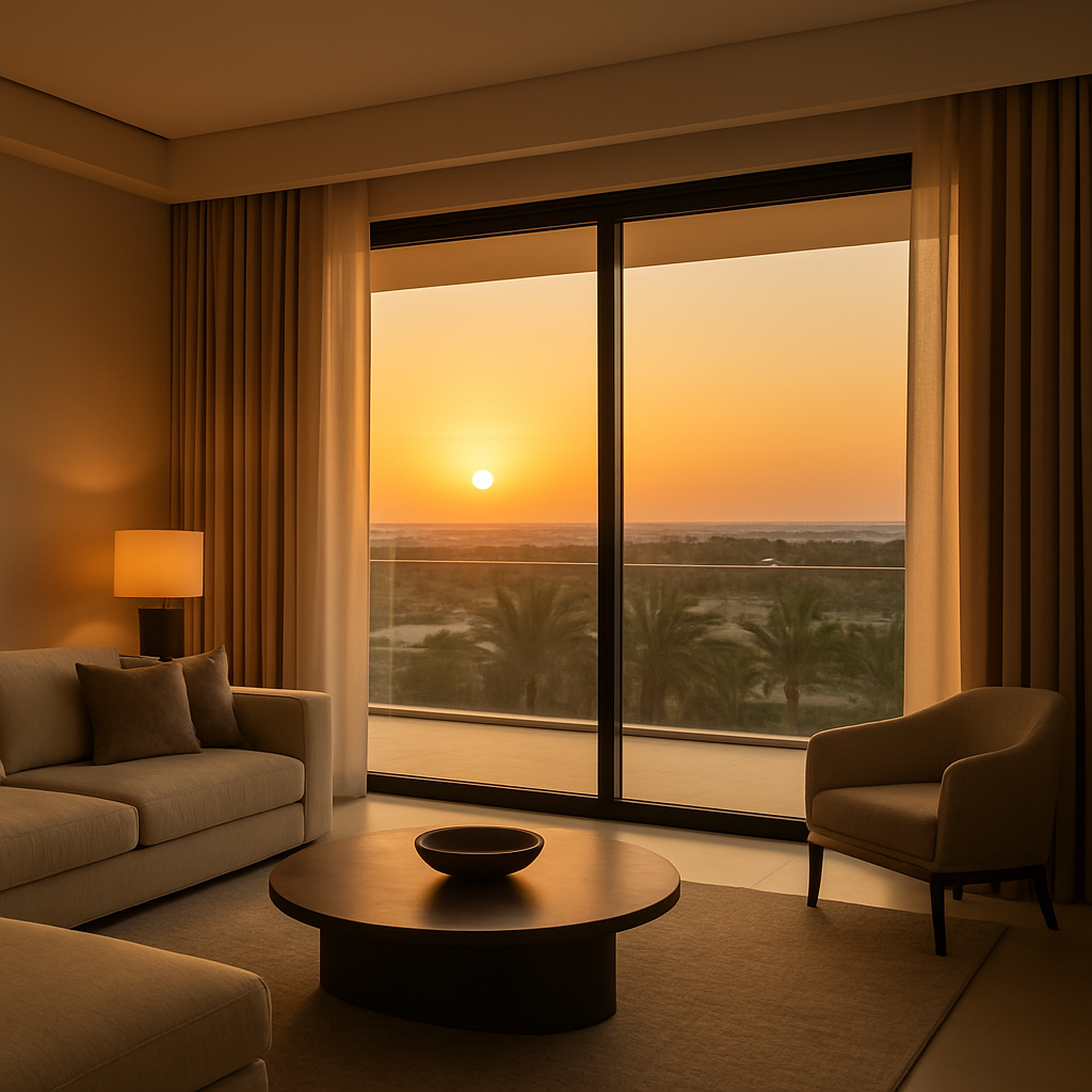A modern Dubai villa living room with large west‑facing glass doors, motorized curtains mid‑close, warm sunset light filtering through. Alt: motorized curtains Dubai living room lighting evaluation.