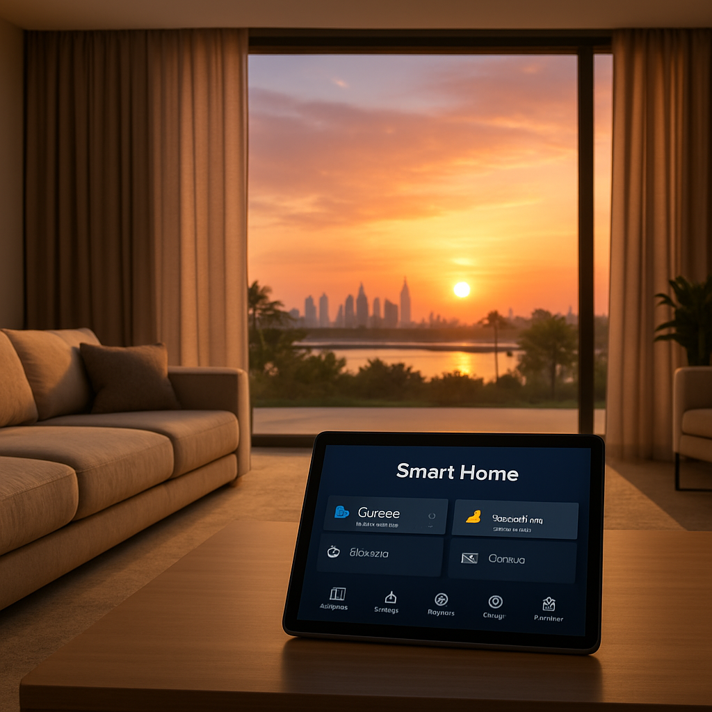 A sleek Dubai villa living room at sunset, motorized curtains half‑closed, a smart hub tablet on the coffee table displaying automation settings. Alt: motorized curtains Dubai integrated with smart home system showing sunrise/sunset scheduling.
