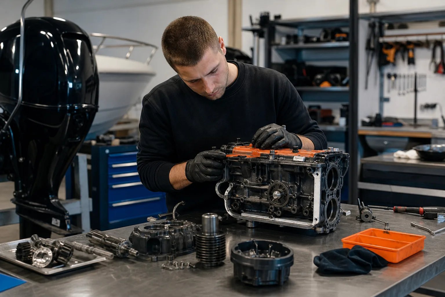 Illustration av service på en båtmotor inför hösten