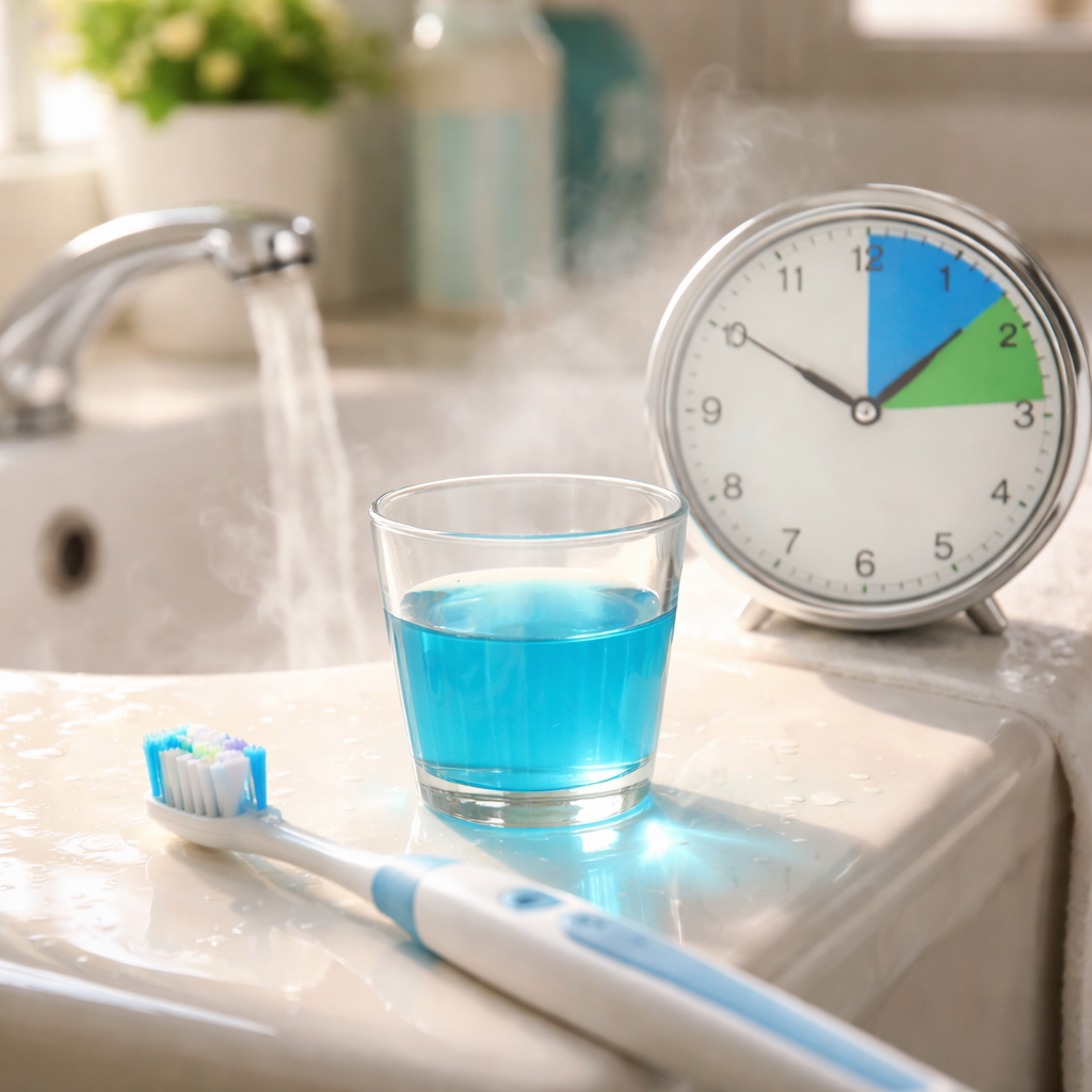A photorealistic bathroom scene showing a toothbrush, a cup of mouthwash, and a clock indicating timing before or after brushing, with soft natural lighting and steam from a sink. Alt: Mouthwash timing illustration for oral care routine.