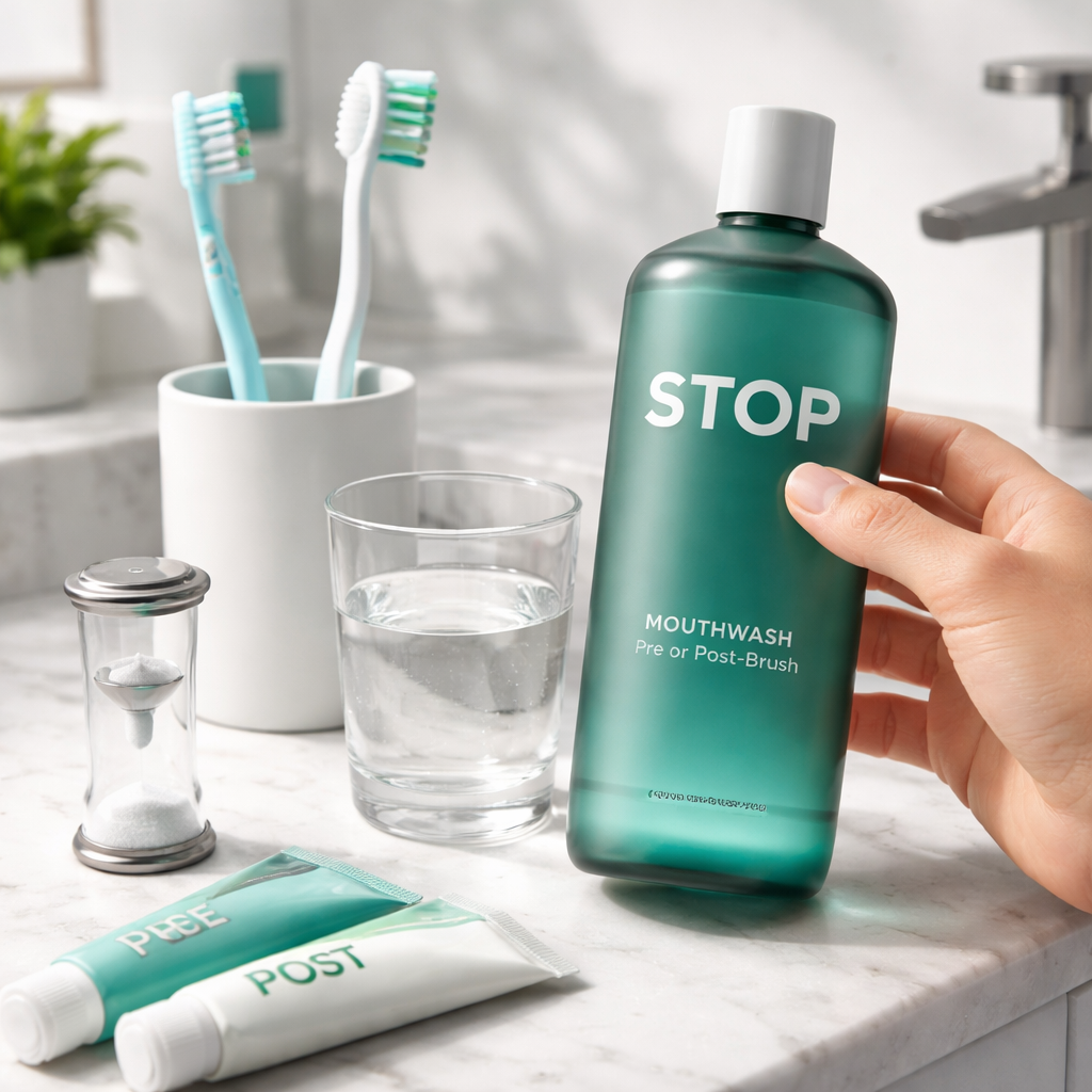 A photorealistic bathroom scene showing a hand holding a sleek STOP mouthwash bottle next to a toothbrush, with a clear glass of water and a small timer on the counter, emphasizing the choice between pre‑brush and post‑brush rinsing. Alt: Choosing the right mouthwash for your routine – pre‑brush vs post‑brush.