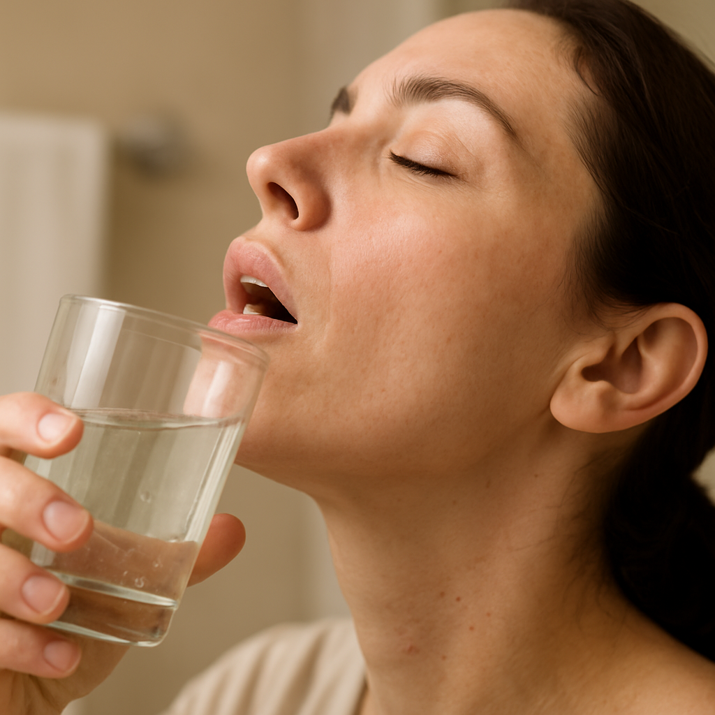 A photorealistic close‑up of a person gently tilting their head back while swishing a clear, plant‑based mouthwash, with a soft focus on the throat area showing tiny tonsil crypts; realistic lighting, natural bathroom setting, highlighting the soothing, alcohol‑free rinse.