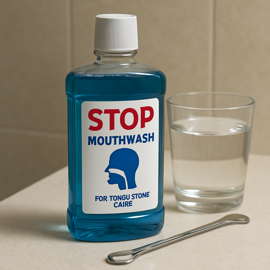 A photorealistic close‑up of a STOP Mouthwash bottle on a bathroom counter, with a glass of warm water and a tongue-scraper in the frame. Alt: STOP Mouthwash setup for tonsil stone care.