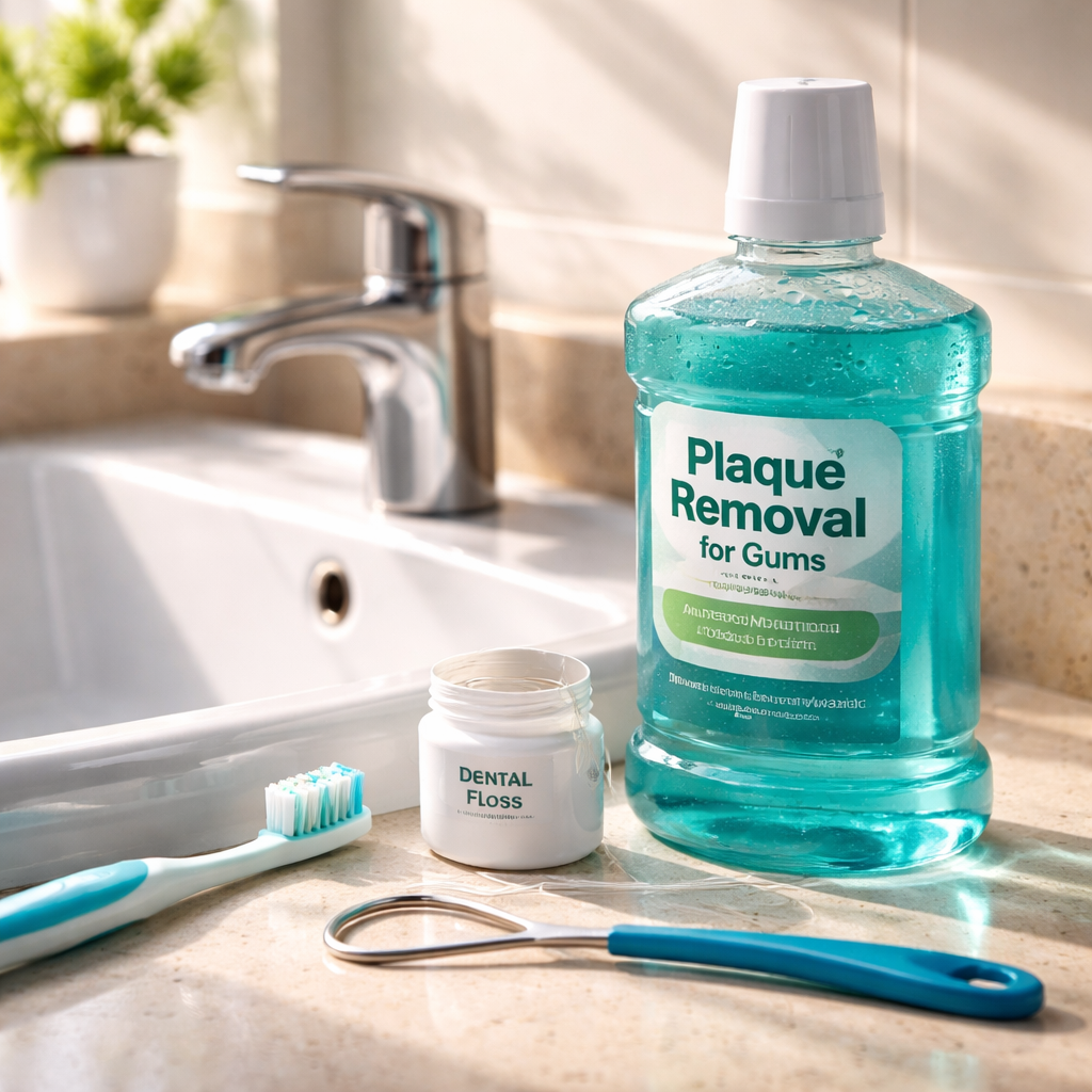 A photorealistic scene of a bathroom sink with a toothbrush, dental floss, tongue scraper, and a bottle of mouthwash on the counter, soft morning light highlighting the items. Alt: mouthwash plaque removal for gums with complementary oral hygiene tools.