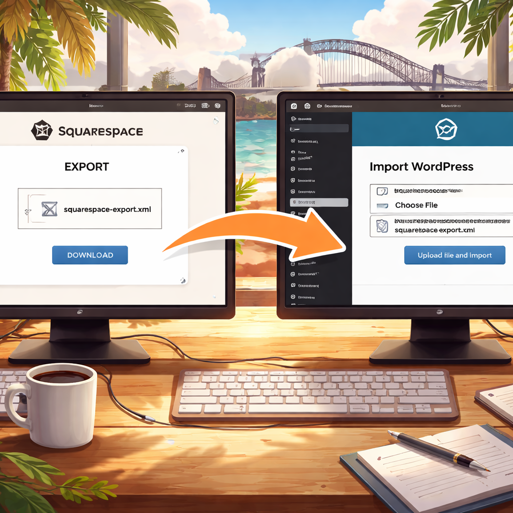 An illustration showing a computer screen with the Squarespace export dialog on one side and a WordPress import screen on the other, highlighting the XML file transfer. Alt: move from squarespace to wordpress export process diagram.