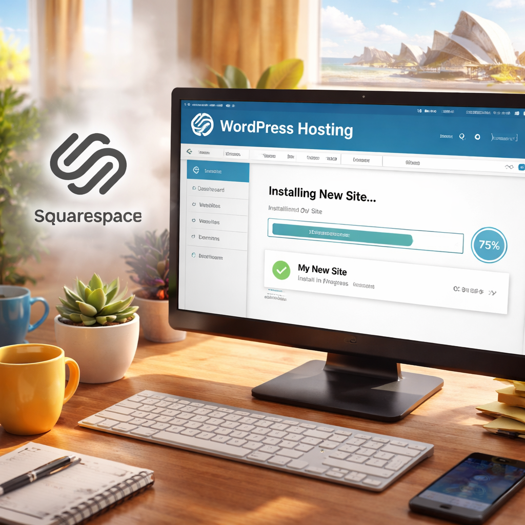 A desktop screen showing a WordPress hosting dashboard with a new site being installed, side‑by‑side with a Squarespace logo fading away. Alt: move from squarespace to wordpress hosting setup illustration.