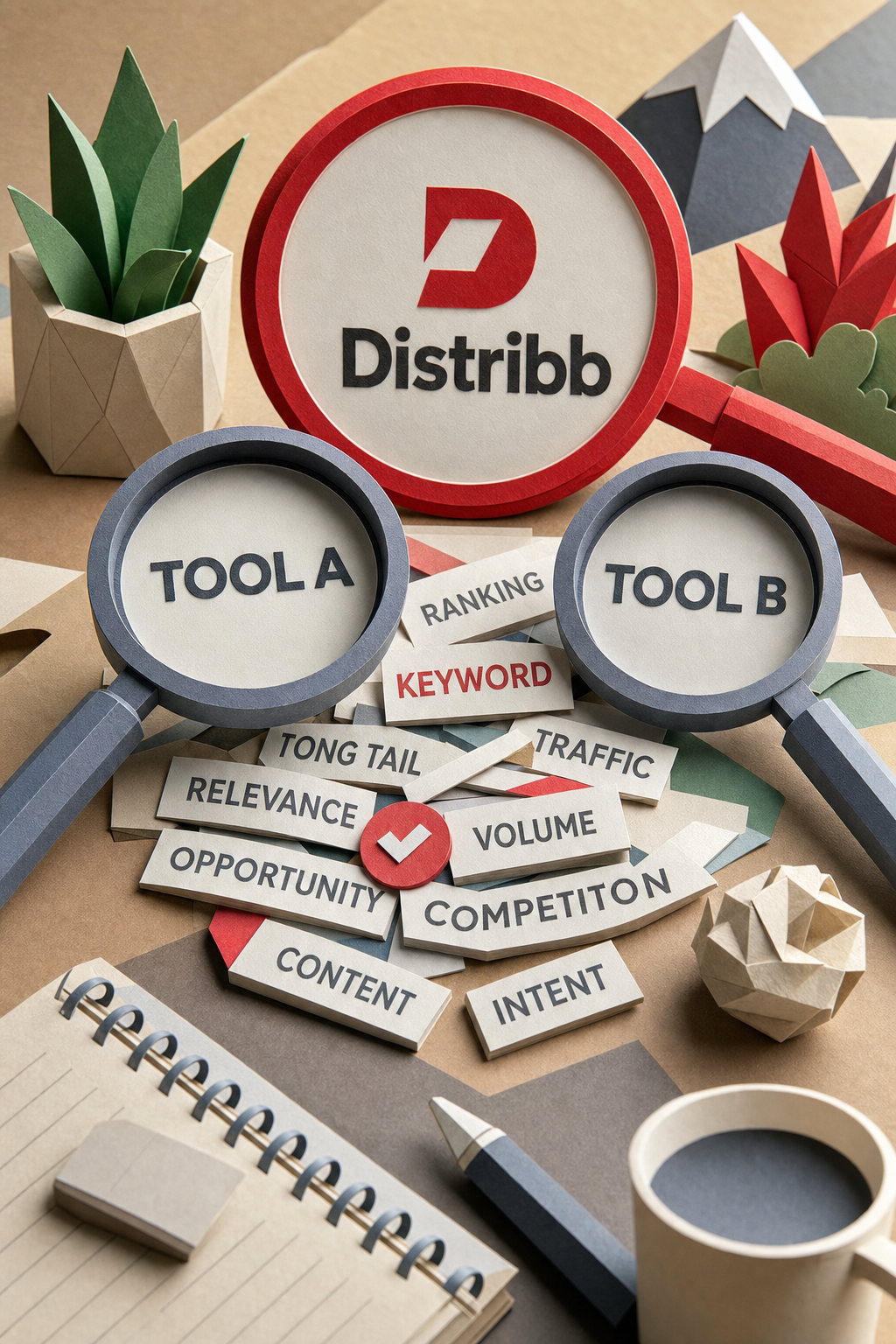 A papercraft scene showing two magnifying glasses hovering over a cluster of keywords, with a third larger magnifying glass labeled Distribb in the background. Alt: Comparison of keyword research tools, with two tools and Distribb.