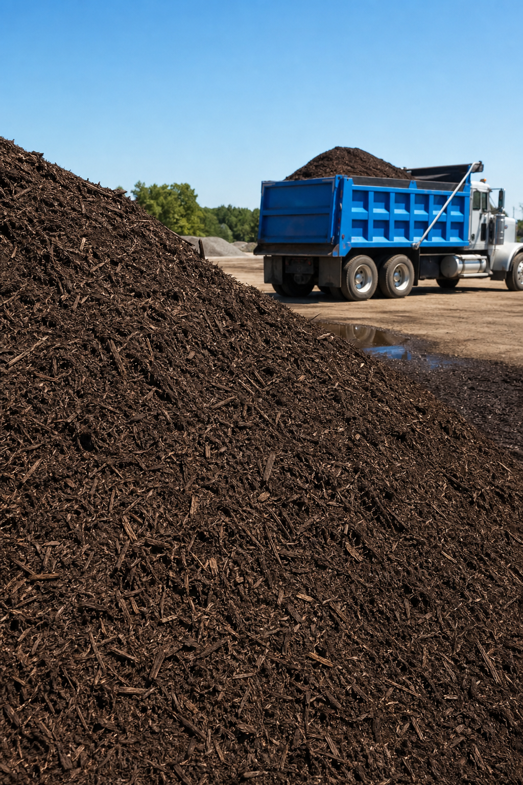 A photorealistic image of a pile of dark brown hardwood mulch in a landscape supply yard in Texas, with a dump truck partially visible in the background. Natural lighting, no people. Alt: Bulk hardwood mulch pile at landscape supply yard in San Antonio Texas.