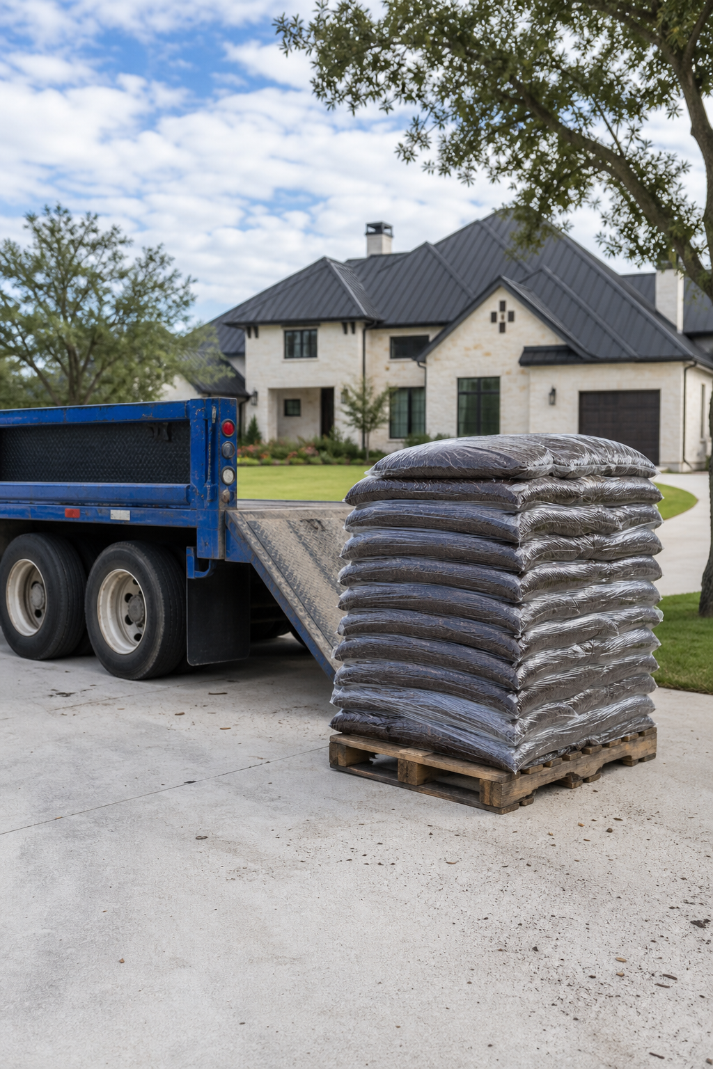 A photorealistic image of a residential driveway in San Antonio with a pallet of bagged mulch being delivered by a flatbed truck. Natural lighting, no people. Alt: Pallet of bagged mulch delivered to driveway in San Antonio.