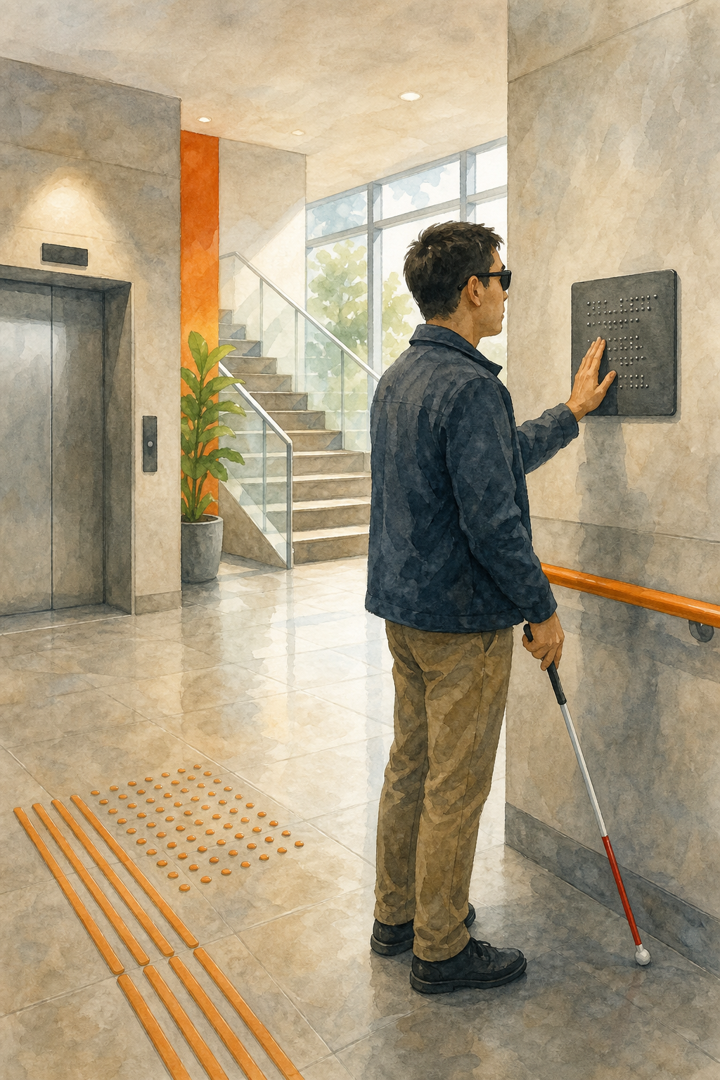 Watercolor style illustration of a modern building lobby with braille signage on walls and a blind person touching a sign. Alt: Señalética braille en un edificio accesible.