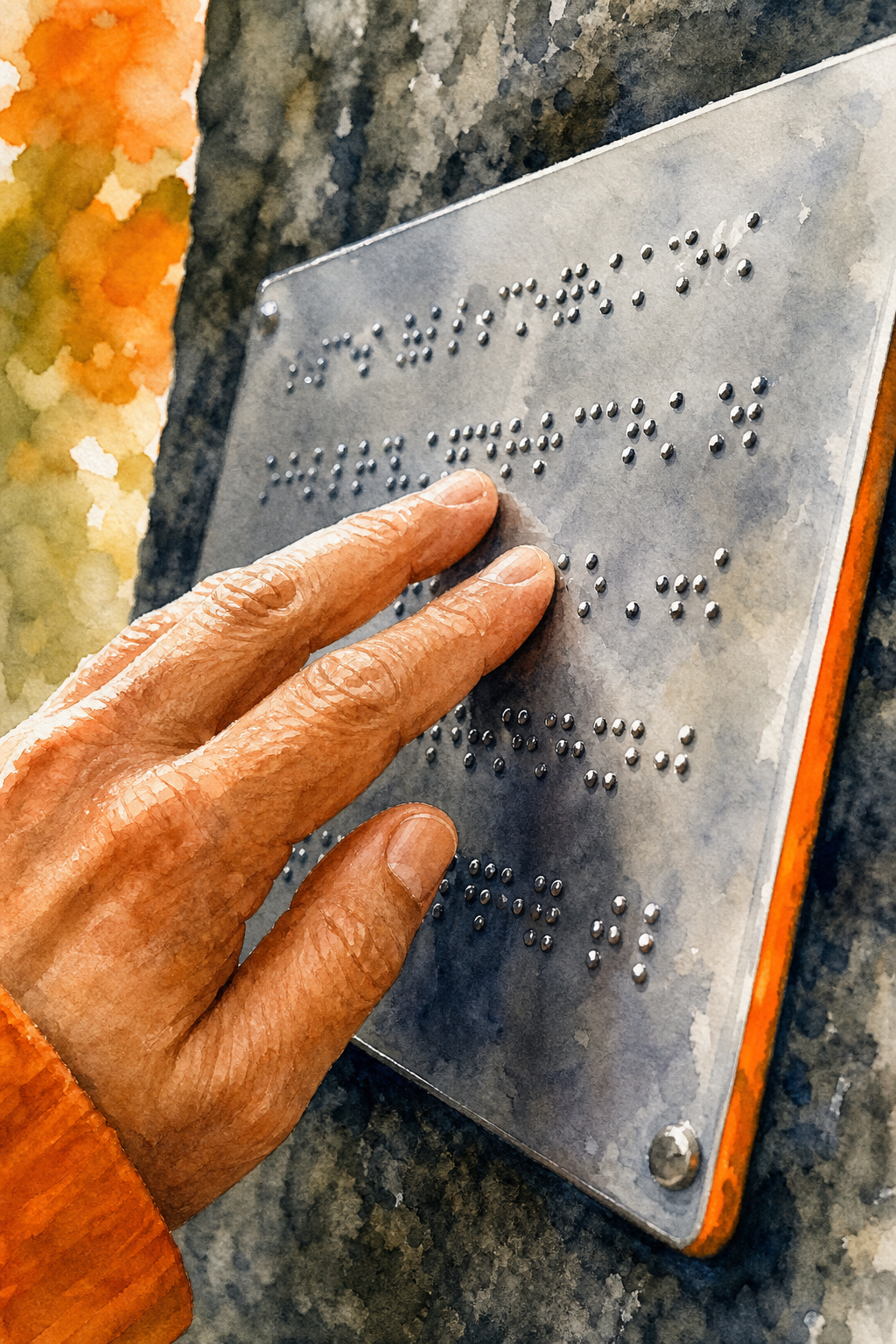 Watercolor style close-up of a hand touching braille text on a metal sign with high contrast colors. Alt: Mano leyendo braille en una placa metálica.