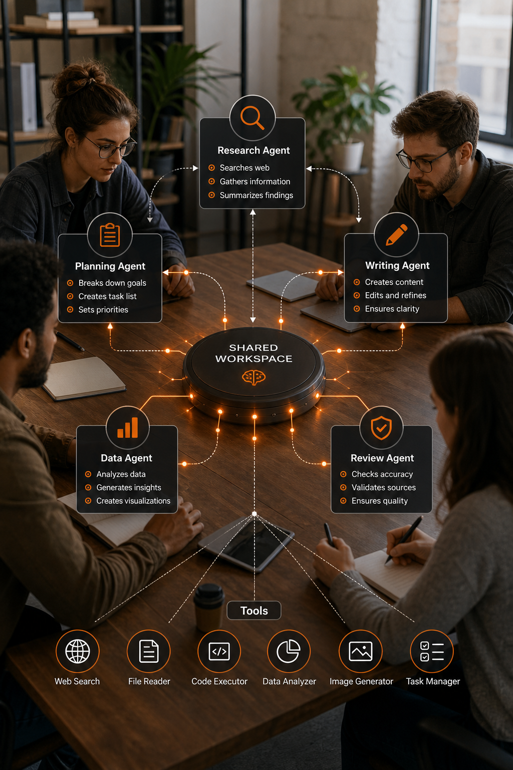 A photorealistic diagram showing multiple AutoGPT‑style agents in a workflow, exchanging messages and tools in a shared workspace. Alt: AutoGPT collaboration diagram