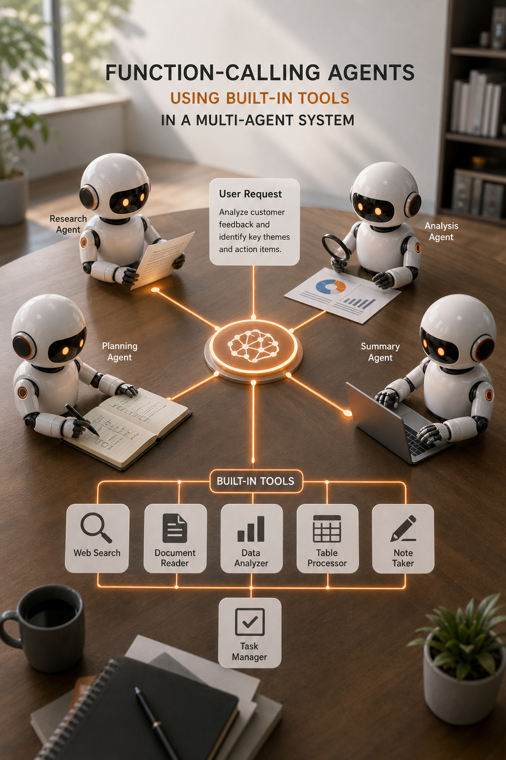 Conceptual infographic showing function-calling agents using built-in tools in a multi‑agent system. Alt: Function calls infographic