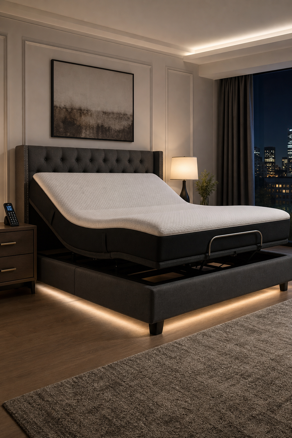 A photorealistic image of a modern bedroom with an elegant multifunctional smart bed adjusted to a zero-gravity position, showing a remote control on the nightstand and subtle LED lighting under the bed. Alt: Modern multifunctional smart bed in zero gravity position with remote control.