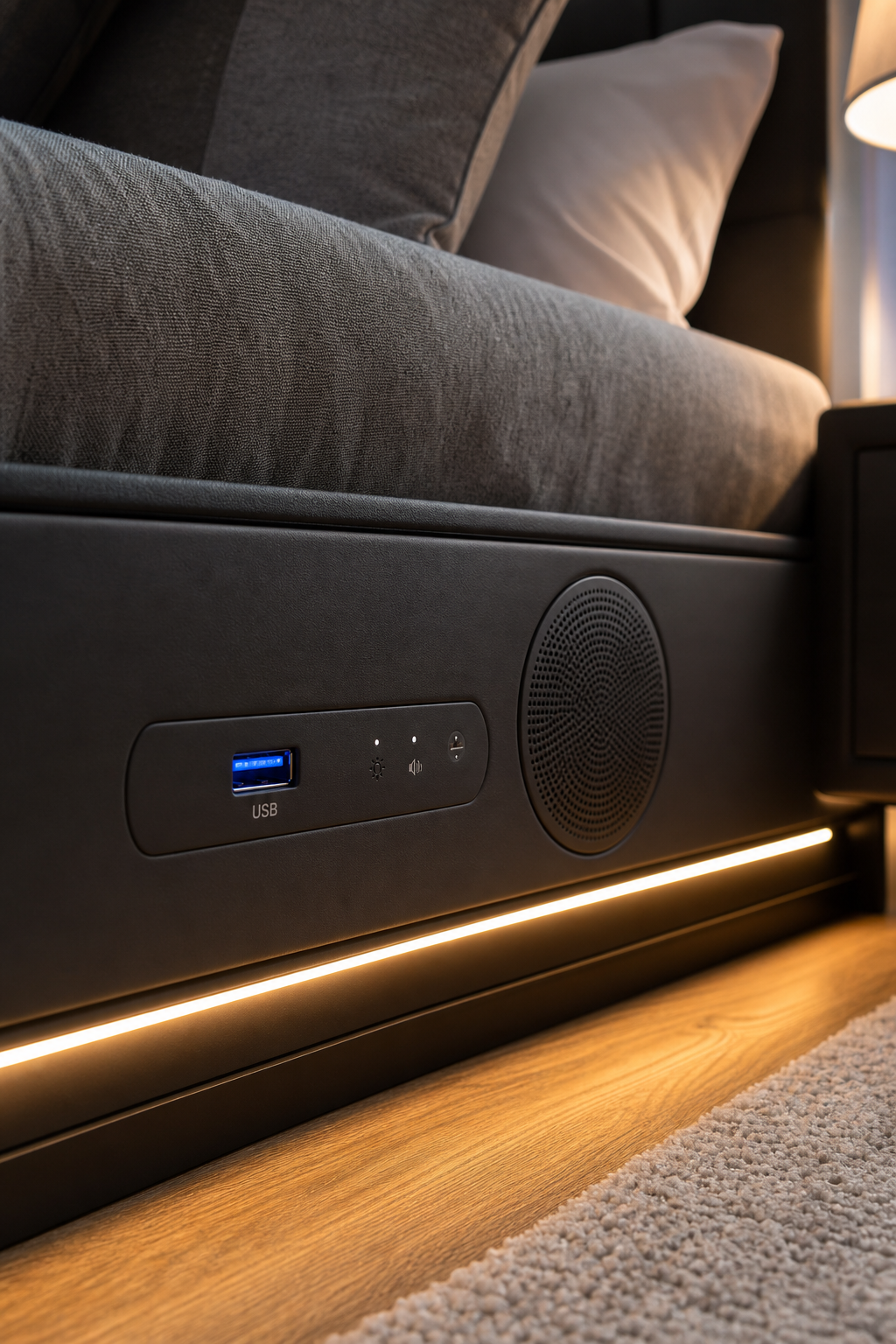A photorealistic close-up of the side of a smart bed showing a built-in speaker grille, USB charging port, and ambient LED strip lights. Alt: Smart bed entertainment console with speakers and USB charging port.