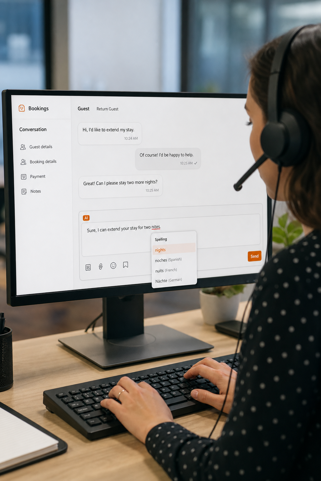 A photorealistic scene of a customer support agent typing in a booking chat interface, with a red underline appearing under a misspelled word, and a popup suggesting the correct spelling. Alt: Real-time spell check in a booking tool interface with multilingual suggestions.