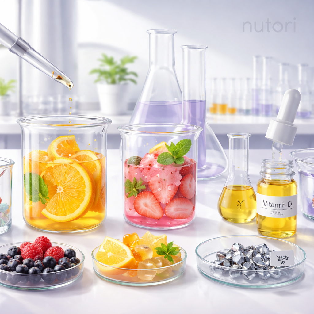 A realistic illustration of a lab bench with glass beakers, natural fruit extracts, zinc crystals and vitamin D droplets, highlighting purity and scientific testing. Alt: lab testing of natural multivitamin gummy ingredients