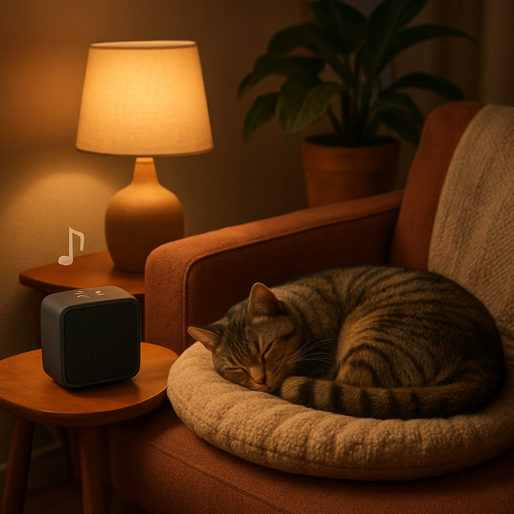 A cozy living room corner with a small Bluetooth speaker playing soft ambient music, a relaxed cat curled up on a plush cushion, warm lighting. Alt: music for cats with anxiety calming playlist setup