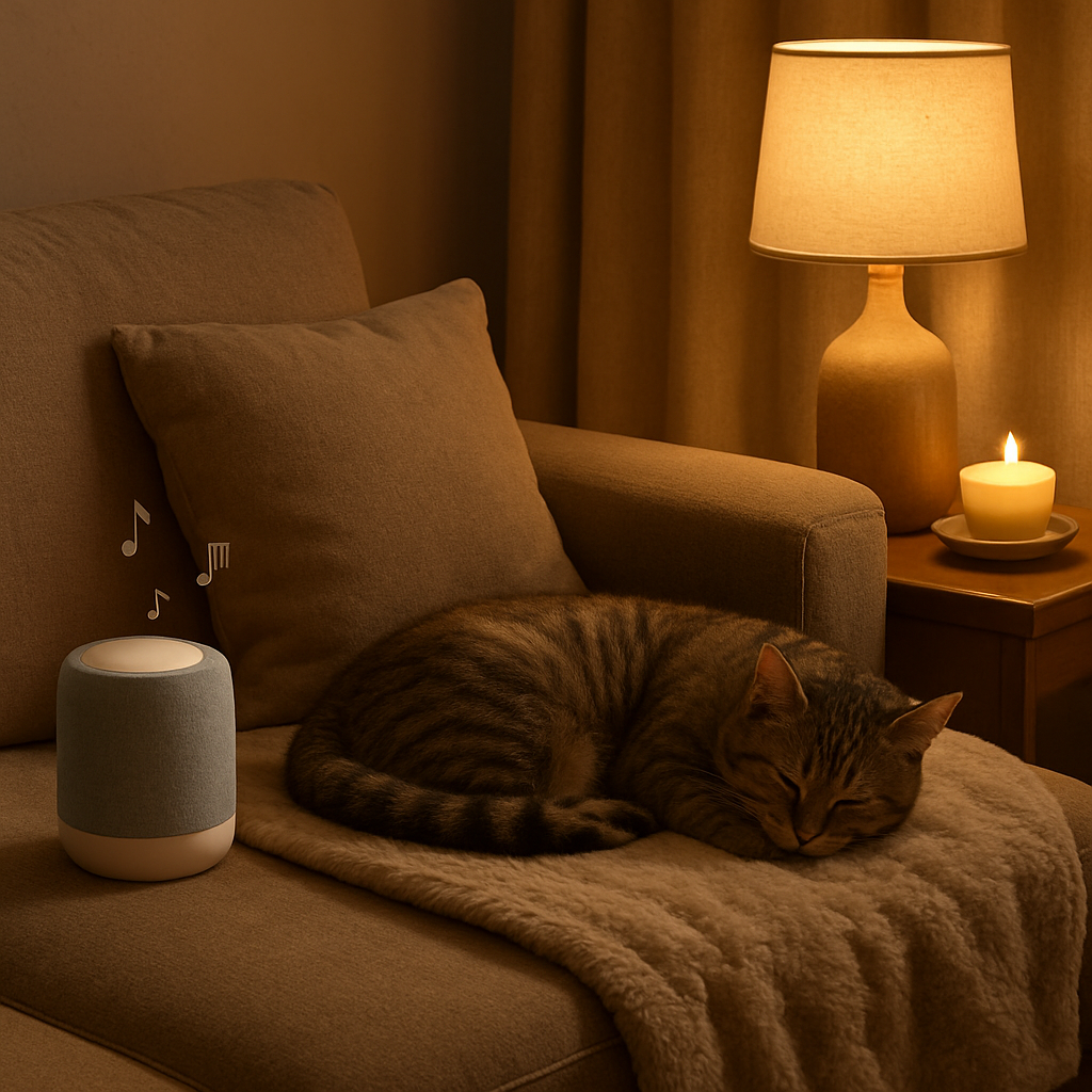 A cozy living room corner with a soft Bluetooth speaker playing gentle music, a cat curled up on a plush blanket, warm ambient lighting. Alt: cat relaxation setup with music and calming accessories