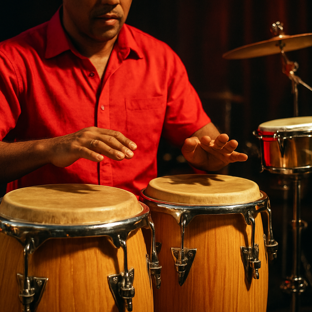 A close-up of congas, bongó and timbales being played by a Cuban percussionist on stage. Alt: música cubana instrumentos percusión