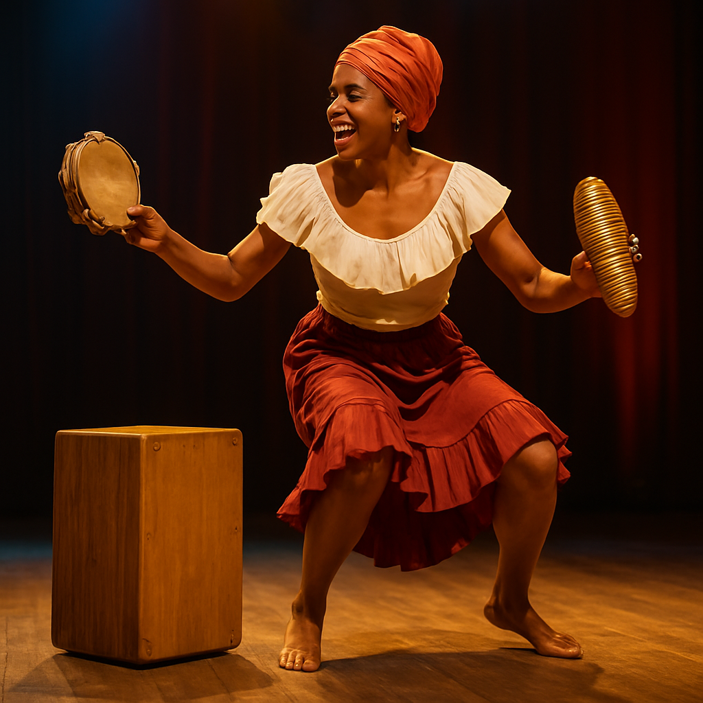 A lively stage with a cajón, a pair of panderos and a güiro being played by a dancer, highlighting the rhythmic core of Cuban music. Alt: cajón panderos percusión menor para baile música cubana instrumentos