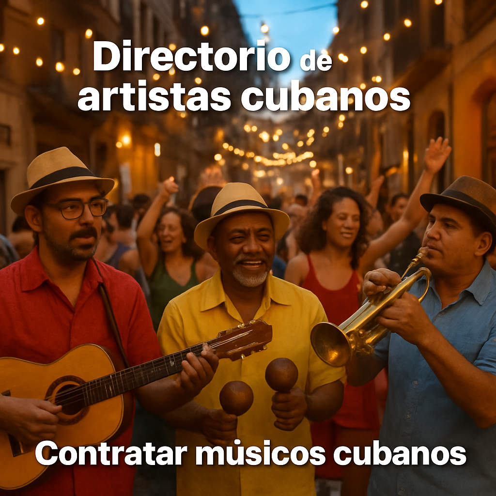 A vibrant street festival in Barcelona with Cuban musicians playing the tres, maracas, and trumpet, crowds dancing, warm evening lights. Alt: música cubana en vivo festival Barcelona