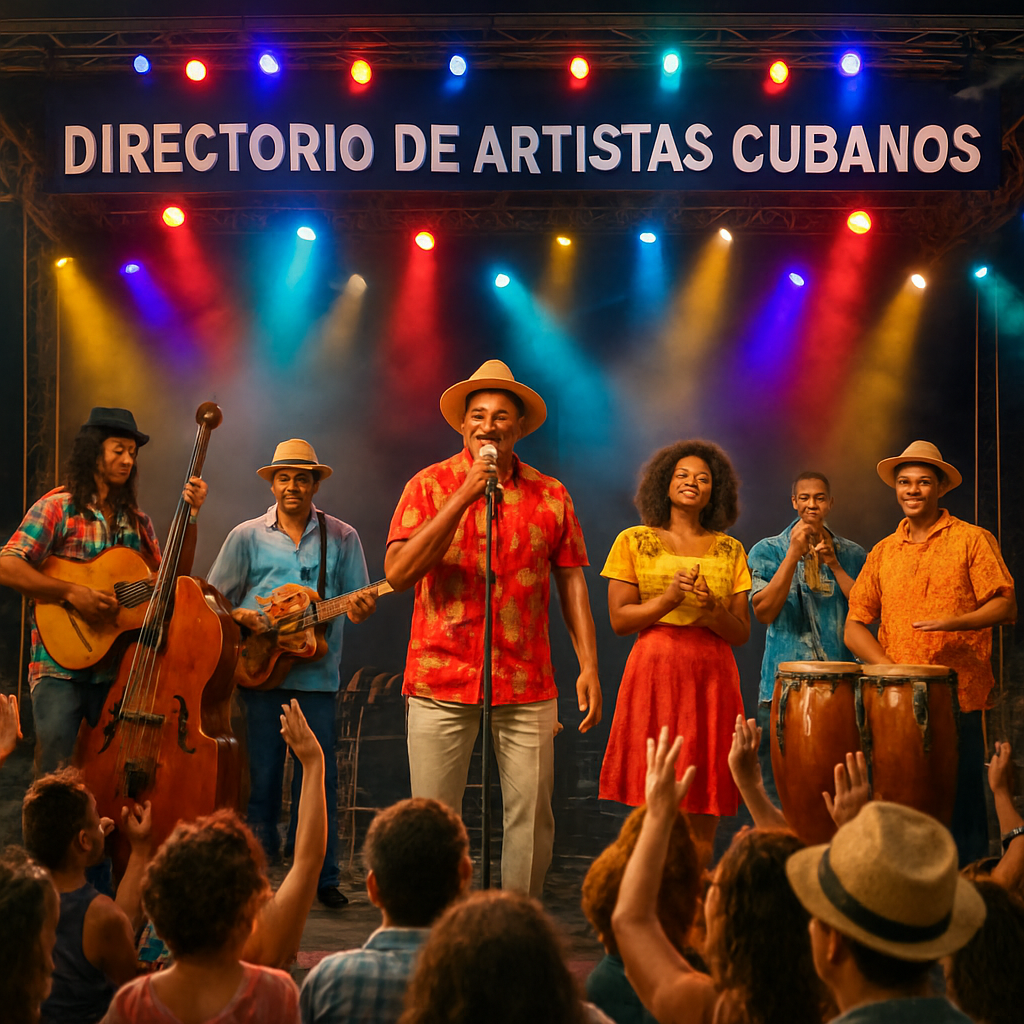 A vibrant scene of a Cuban live band performing on a European festival stage, with colorful lights and an enthusiastic crowd. Alt: música cubana en vivo en festival europeo