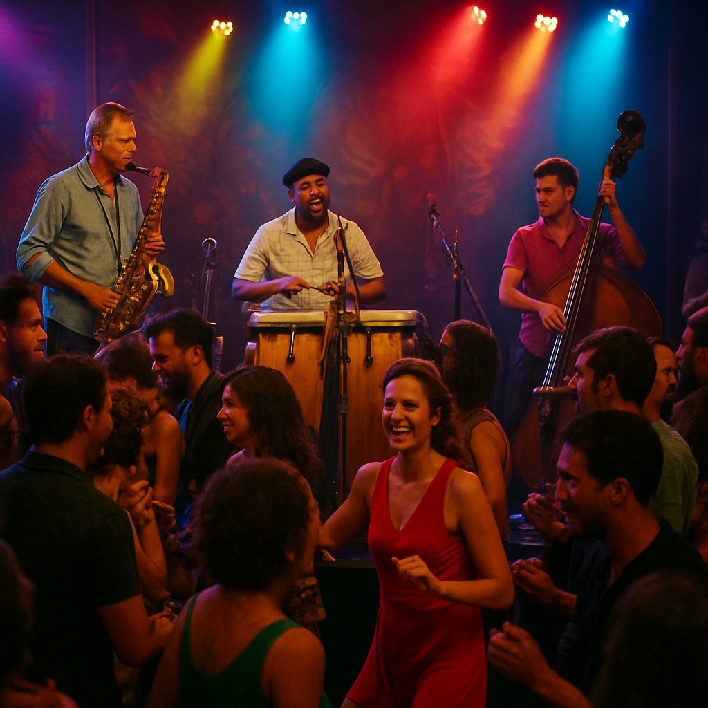 A vibrant night scene of a Cuban live music event in Madrid, showing a crowded dance floor, colorful stage lighting, and musicians playing saxophone and percussion. Alt: Galería de fotos música cubana en vivo Madrid, imágenes de eventos, público bailando, artistas en acción.
