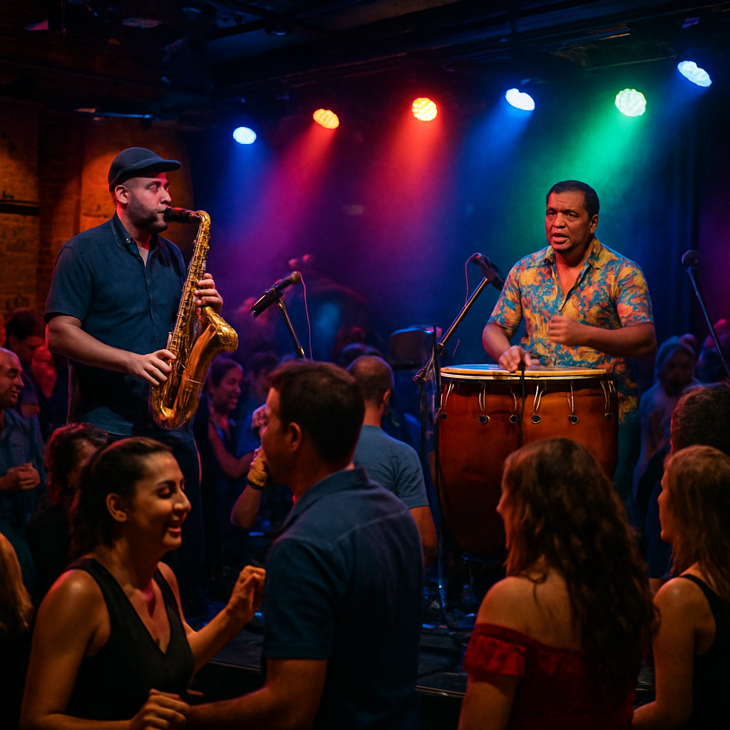 A vibrant night scene of a Cuban live music event in Madrid, showing a crowded dance floor, colorful stage lighting, and musicians playing saxophone and percussion. Alt: fotos de música cubana en vivo Madrid, imágenes de escenario, público bailando, artistas en acción.
