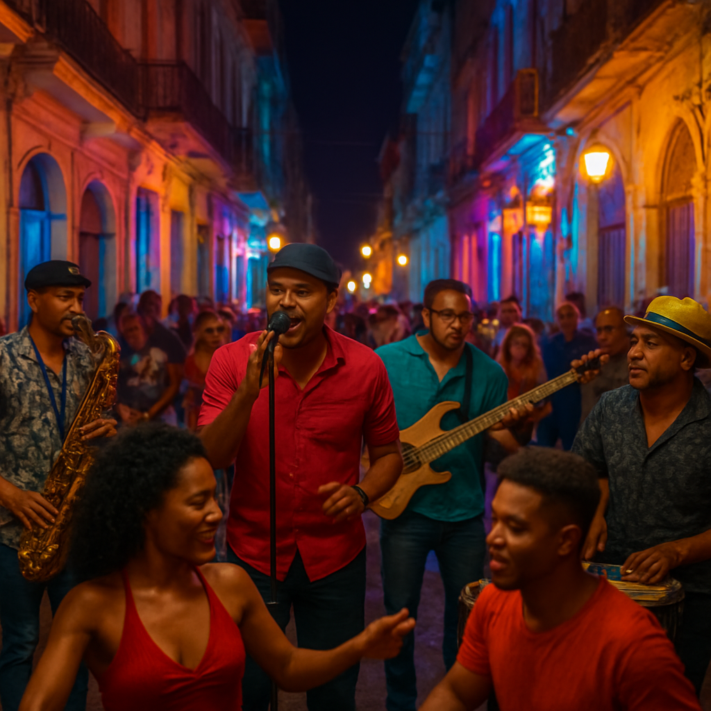 A vibrant street scene in Havana at night, musicians playing a blend of timba and electronic beats, colorful lights, dancers moving energetically. Alt: música cubana moderna mezcla tradicional y electrónica en una fiesta callejera.