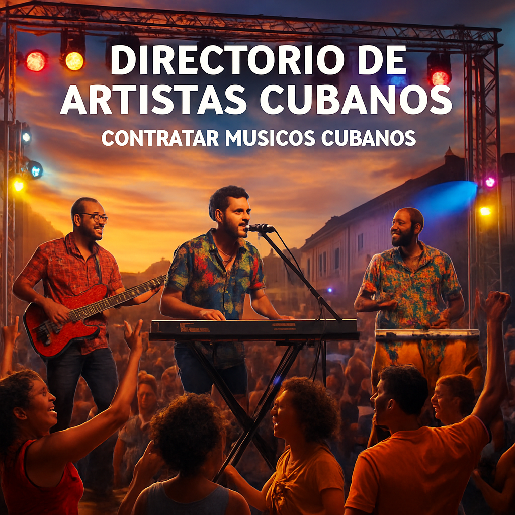 A vibrant European festival stage at sunset, Cuban musicians playing modern timba with electronic synths, crowd dancing, colorful lights. Alt: recursos y eventos en europa para artistas cubanos modernos