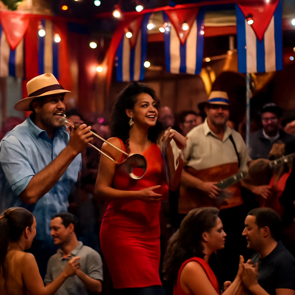 A vibrant dance floor in a European event venue, decorated with Cuban flags and colorful lights, people dancing salsa, close-up of a live Cuban band playing, alt: música cubana para bailar en eventos europeos