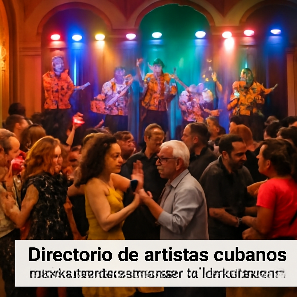 A vibrant European event hall with a Cuban band on stage, colorful lights, and guests of different ages dancing energetically. Alt: música cubana para bailar en eventos europeos con artistas cubanos en vivo.