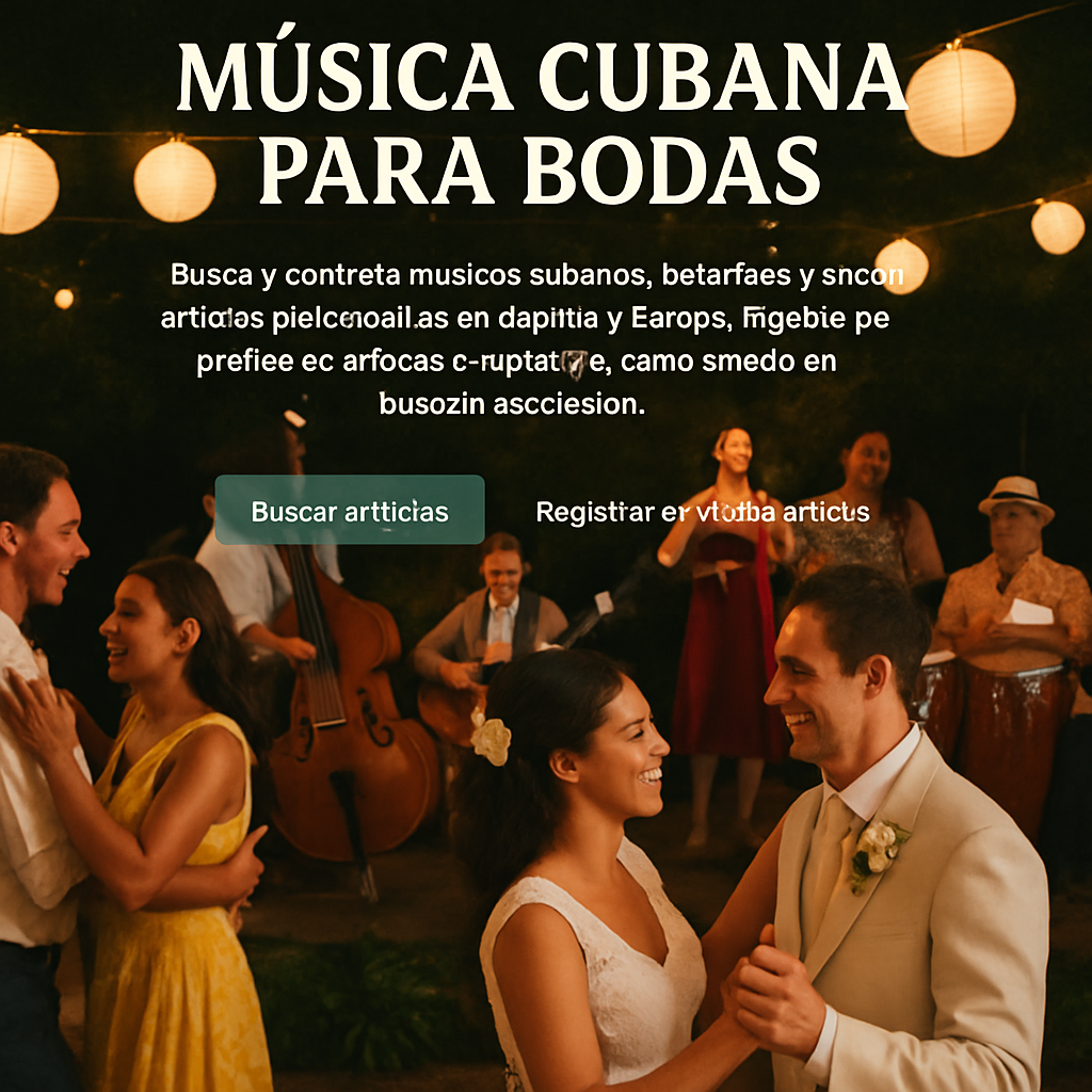 A vibrant Cuban wedding dance floor with live musicians and couples dancing under lanterns. Alt: música cubana para bodas estilo musical