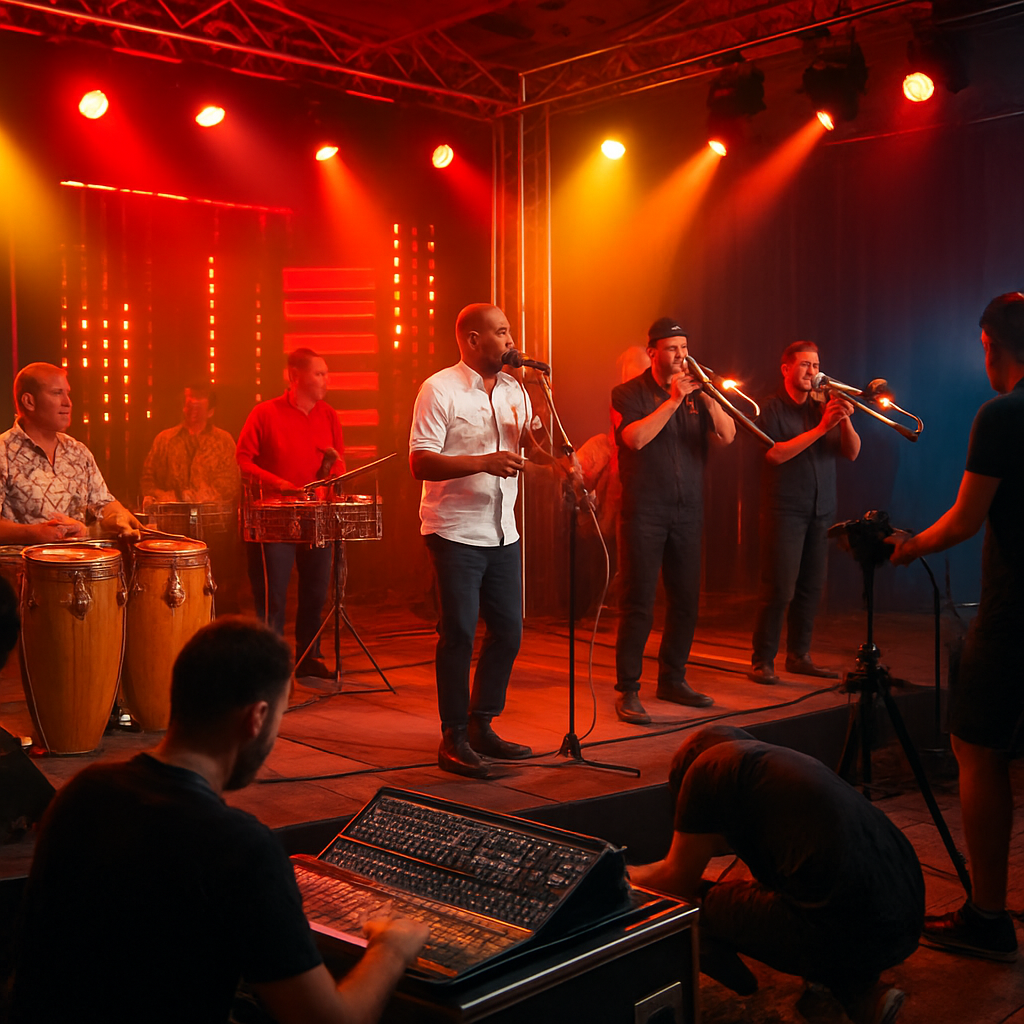A vibrant stage setup with Latin band, sound equipment, and crew preparing. Alt: logística música latina en vivo