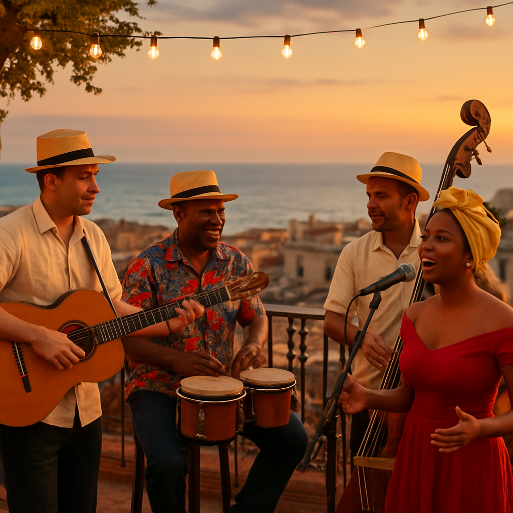 Un grupo de músicos cubanos tocando en una terraza de Barcelona al atardecer, con luces cálidas y el mar Mediterráneo de fondo. Alt: músicos cubanos en Barcelona, concierto al aire libre, ambiente festivo