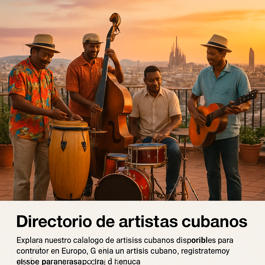 A vibrant scene of a Cuban band setting up their instruments on a Barcelona rooftop terrace, with the city skyline at sunset. Alt: músicos cubanos en Barcelona preparando su espectáculo para un evento al aire libre.