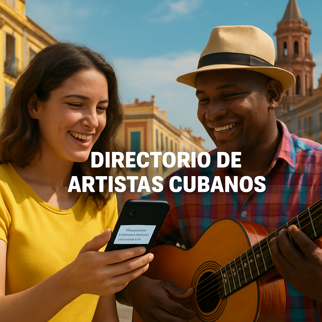 A vibrant scene of a event organizer sending a message to a Cuban musician, with Spanish city backdrop. Alt: músicos cubanos en España contactando y contratando