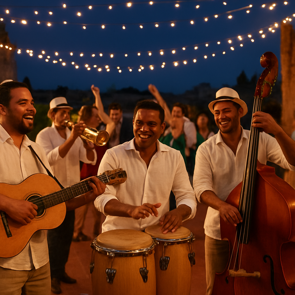 A vibrant Cuban wedding band playing under twinkling fairy lights, guests dancing joyfully on a terrace in Barcelona. Alt: músicos para bodas estilo cubano, ambiente festivo y romántico.