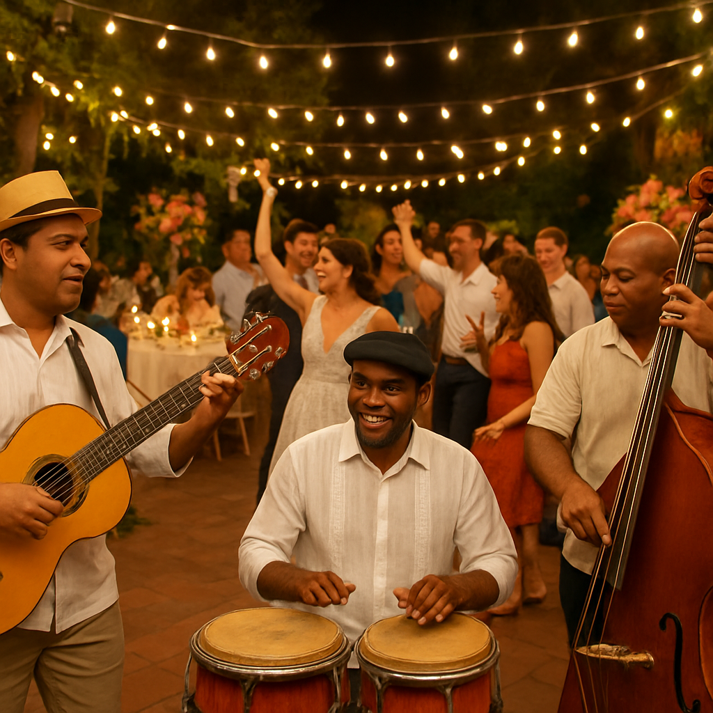A vibrant wedding reception with a Cuban trio playing under string lights, guests dancing, and a beautifully decorated venue. Alt: músicos para bodas en vivo creando ambiente festivo.