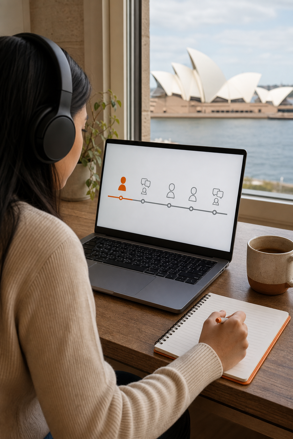 A realistic scene of a candidate wearing headphones, focused on a laptop screen showing a NAATI CCL mock dialogue timeline, with a notebook beside it. Alt: