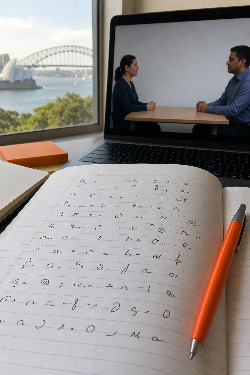 A realistic close‑up of handwritten Malayalam note‑taking symbols on a lined notebook, with a laptop screen showing a NAATI CCL dialogue in the background. Alt: Malayalam interpreting note‑taking system